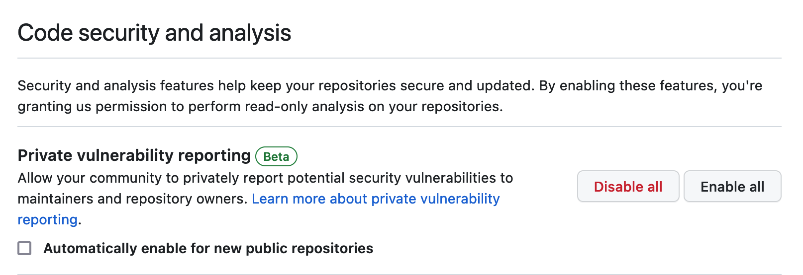 Setting: Private vulnerability reporting